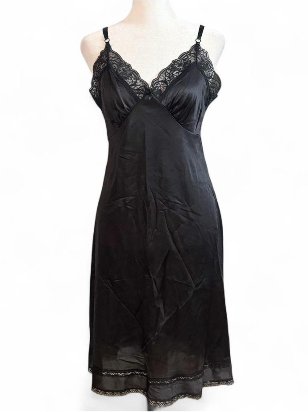 Vintage Adonna Black Lace Trim Slip Dress Nightgown Size 34